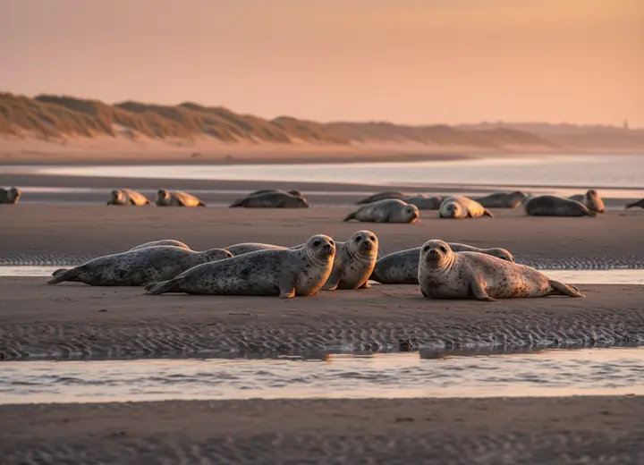 Phoques veaux-marins sur un banc de sable de la Baie de Somme